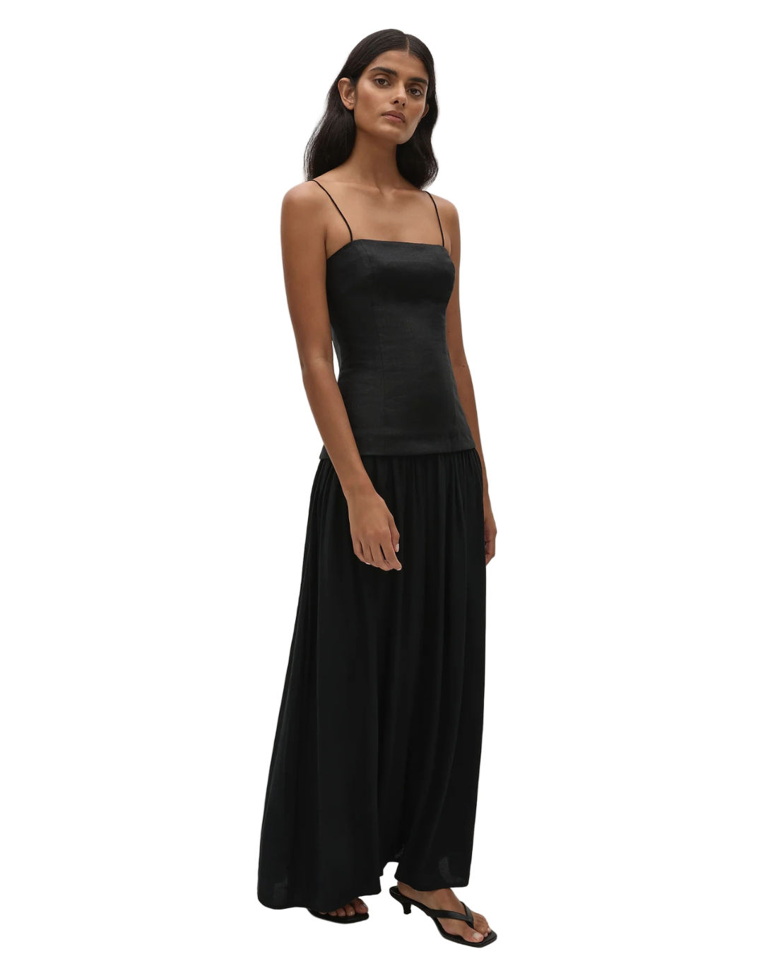 Lenise Maxi Dress in Black showcasing the adjustable thin straps and straight neckline, perfect for any casual outing.