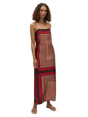 Detail shot of the Ylva Print pattern on the Svea Maxi Dress, emphasizing the vibrant design.