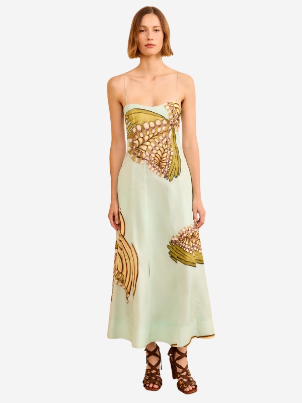 Vesela Cami Midi Dress in Water Blossoms by Ulla Johnson, showcasing vibrant floral prints and delicate straps.