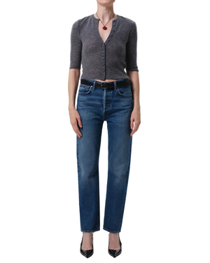 Close-up view of the Tabitha Cardigan in Charcoal Heather, highlighting the soft wool and cashmere blend fabric.
