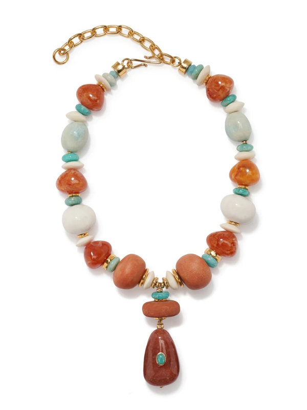 Andamento Necklace in Mandarina featuring amber-colored resin, bone beads, and a sunstone pendant by Lizzie Fortunato.