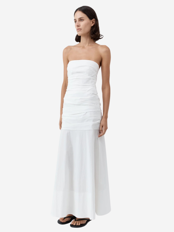 Gathered Strapless Longline Dress in White
