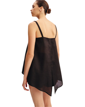 Back view of the Ginny Top in Black, highlighting the statement split design of this black linen top.