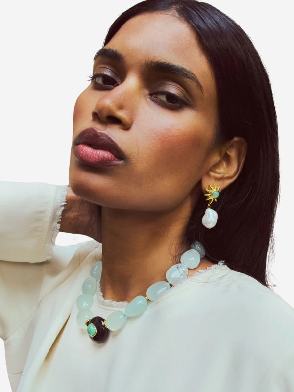 Elegant display of the Andalusia Collar in Sea Foam, highlighting its aqua chalcedony and gold-plated brass materials designed by Lizzie Fortunato.