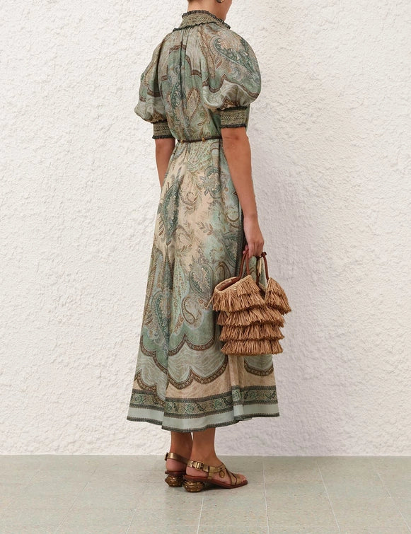 Wanderlust Billow Dress in Tapestry Teal Multi on a model emphasizing the flowy maxi design.