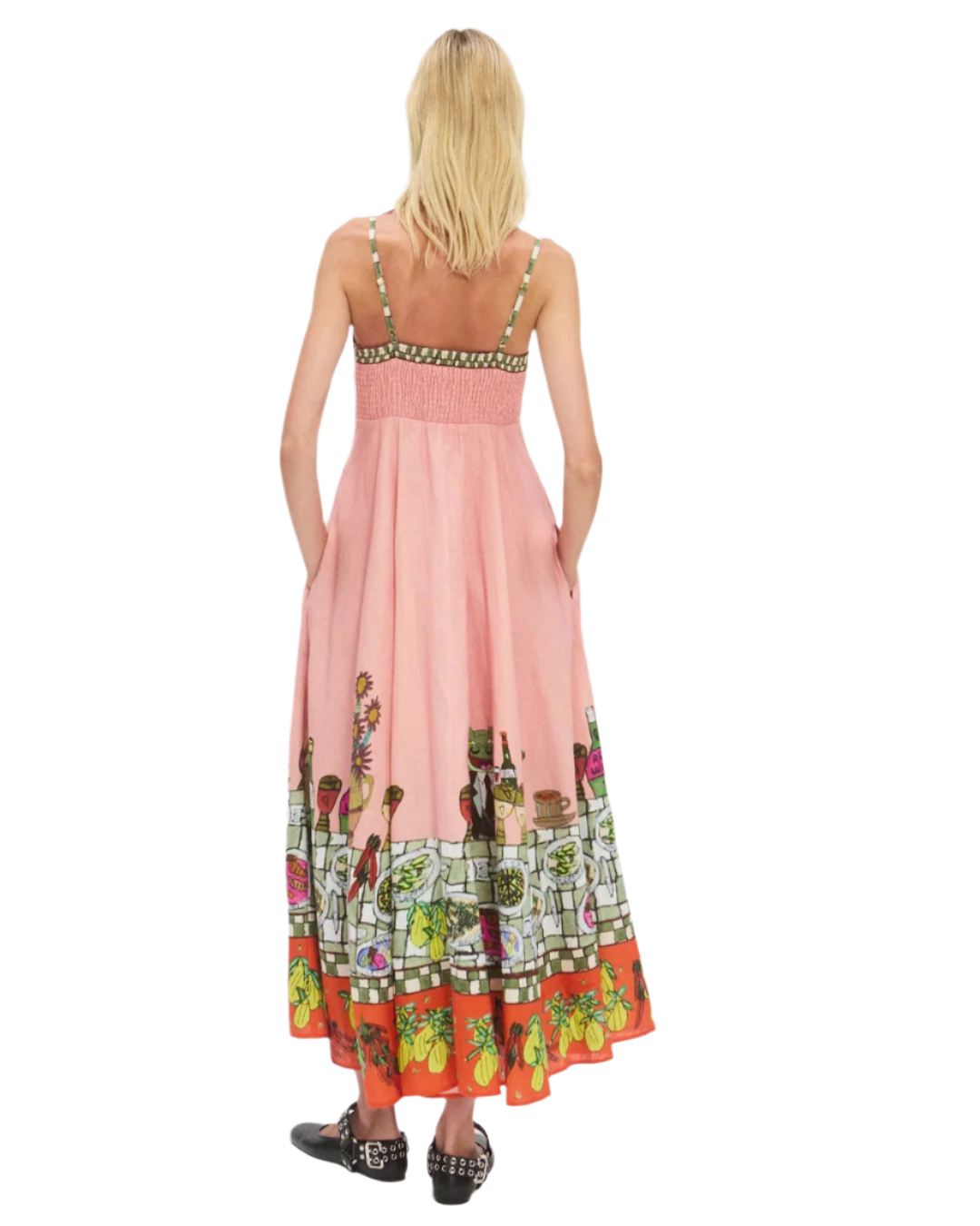 Back view of the Contessa Sundress in Multi featuring adjustable straps and inseam pockets, an ideal women's sundress.