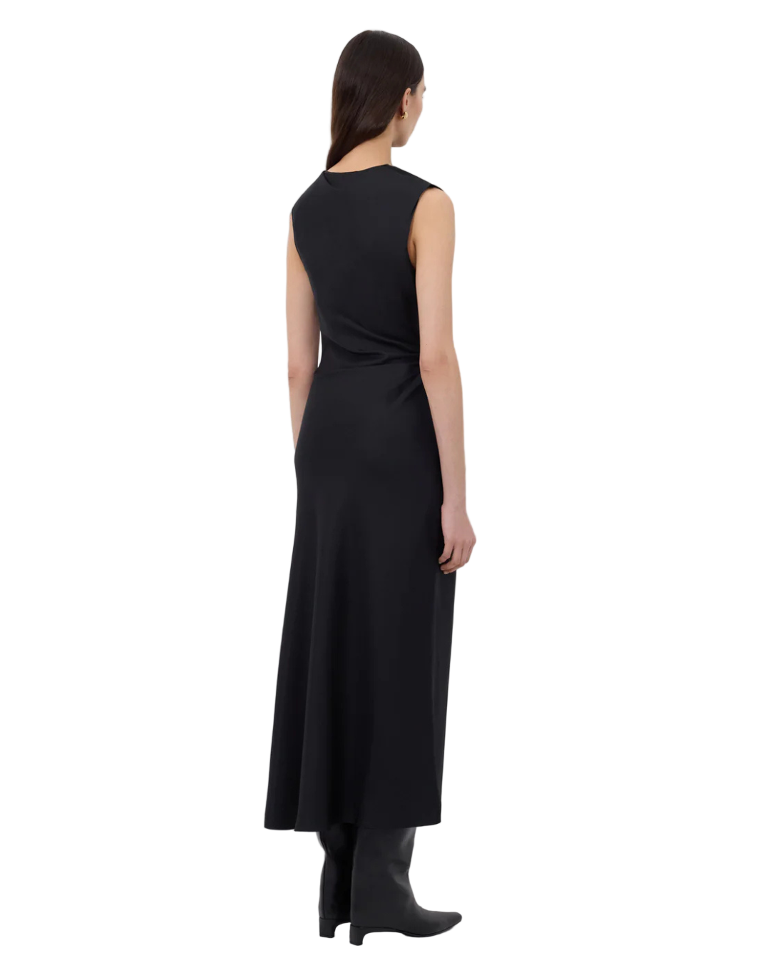 Side view of the Roan Draped Dress in Black demonstrating its flattering straight fit and gathered waist.