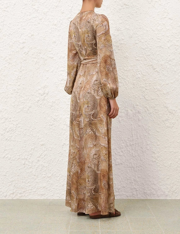 Close-up of the Rebellion Sheath Dress in Latte Leopard detailing the keyhole neckline and intricate craftsmanship.