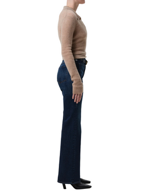Back view of the Kimberly Patch Pocket Flare in Mirka, highlighting the rear patch pockets and rich dark indigo wash.