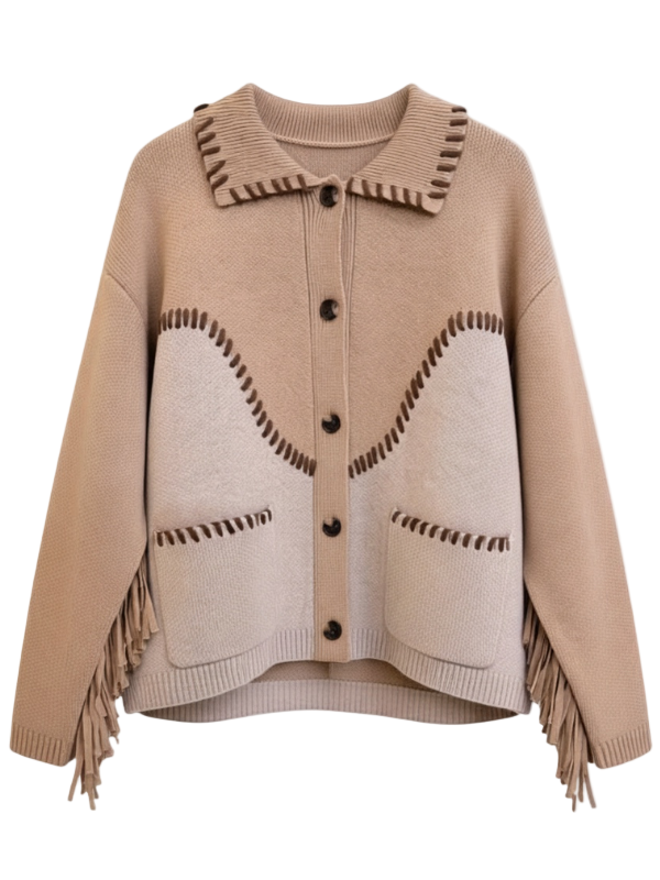Chesney Oversized Cardigan in Camel Multi with whipstitching details and fringe on sleeves, perfect for cozy layering.