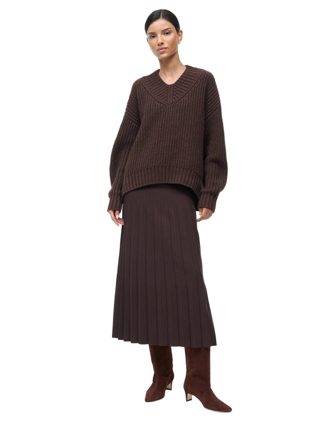 Close-up of Lena Skirt in Earth by Staud showcasing the knit texture and elegant waist details.