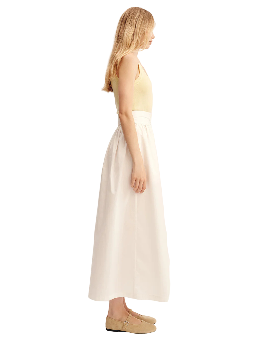 Oscar Skirt in Cream displayed on a mannequin - a beautiful cream midi skirt perfect for any occasion.