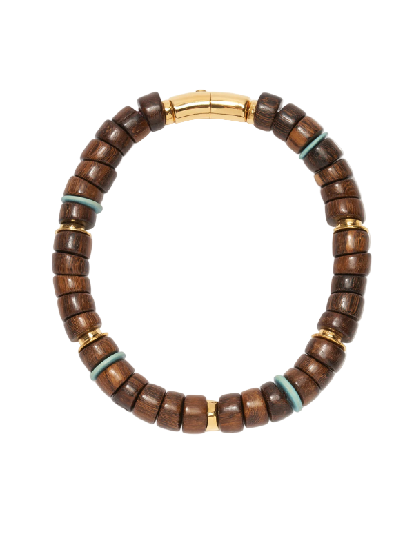 Lizzie Fortunato's Las Palmas Collar showcasing light blue natural coconut shell beads and gold-plated accents.