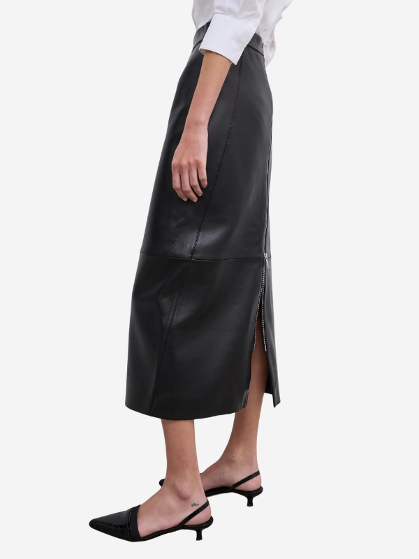 House of Dagmar Leather Midi Skirt in Black displayed elegantly on hanger, perfect for chic outfits.