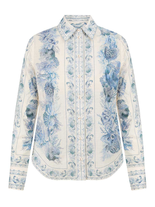 Wanderlust Body Shirt in Blue Toile from Zimmermann, showcasing a classic collar and long fitted sleeves.