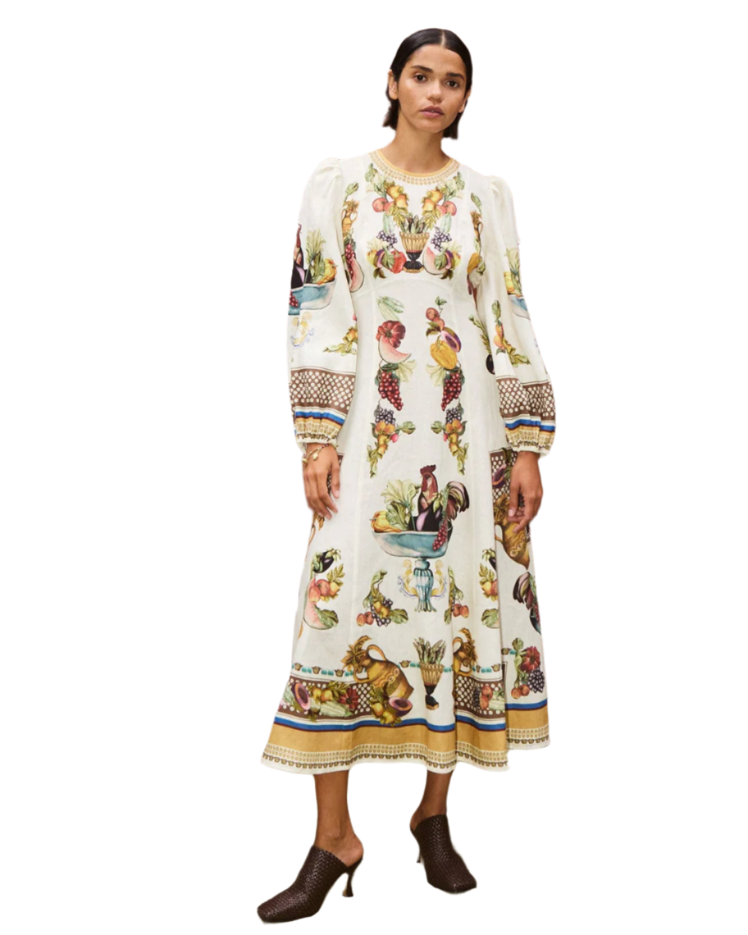 Close-up of Mercado Midi Dress in Multi by Alémais - Stylish midi dress for women featuring elasticated cuffs and breathable linen.