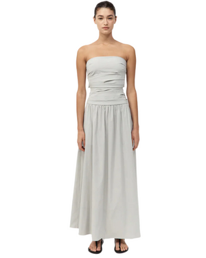 Close-up of the gathered details on the Strapless Tie Back Dress in Silver, showcasing its delicate design and side boning for added structure. Ideal strapless tie back dress for formal events.