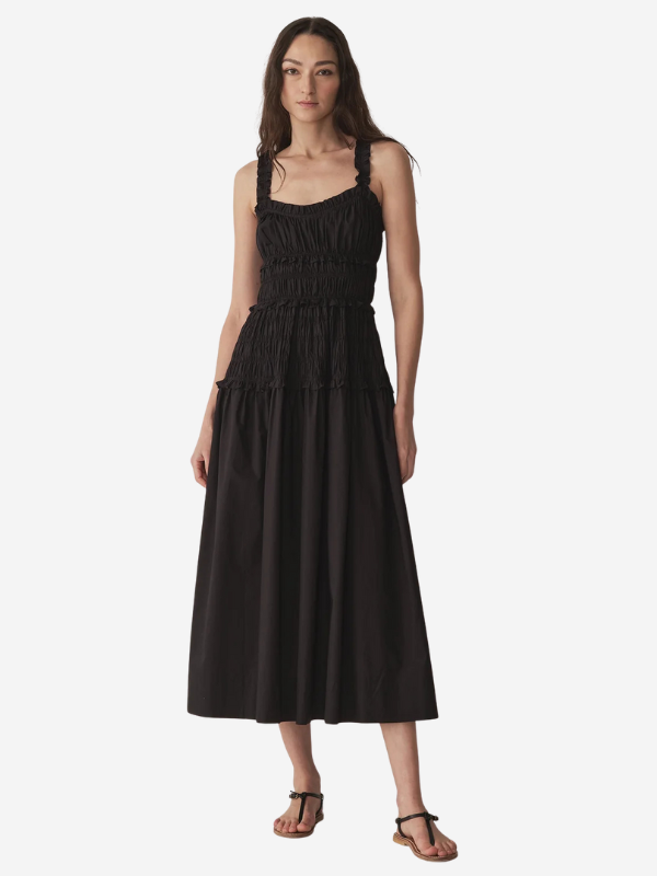 Elegant side view of the Marianne Dress in Black, featuring a fitted bodice with petite ruffles.