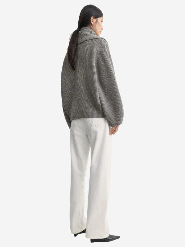 Casual styling of the Shawl-Lapel Cardigan in Mid Grey Melange, perfect for sculptural outerwear looks.