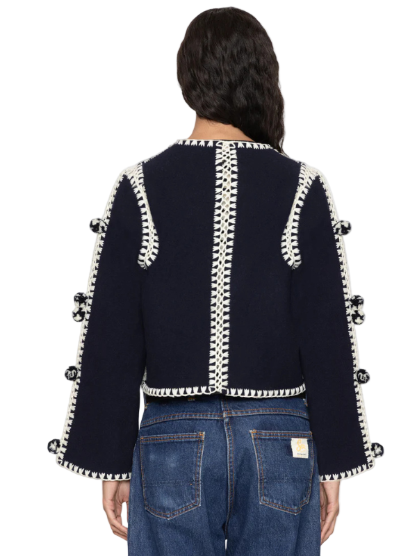 Back view of the Addison Jacket in Navy, highlighting its cropped silhouette and unique design.