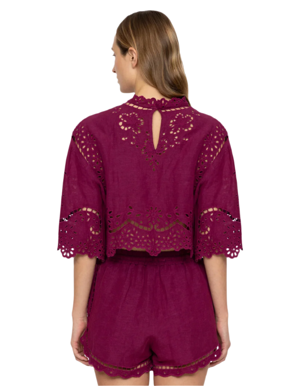 Lula Embroidery Top in Jam styled with a cropped silhouette, displaying the trendy short sleeves and exquisite embroidered eyelet details, perfect for casual yet chic occasions.