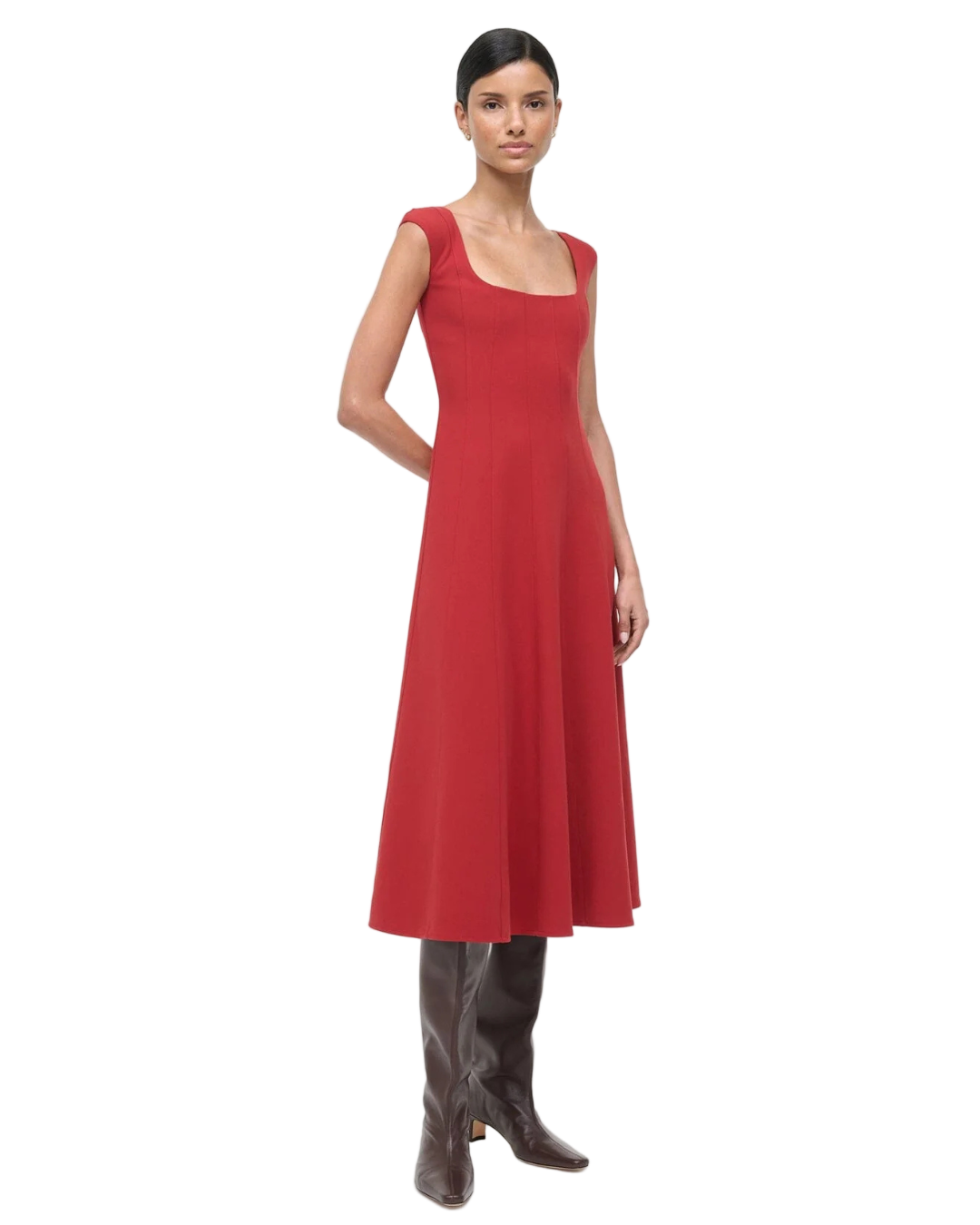 Side view of the Charlotte Dress in Rouge, offering a glimpse of its elegant midi length and stylish silhouette.