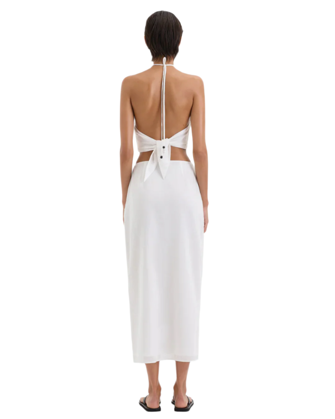 Model wearing the Azura Midi Skirt in Ivory, demonstrating its elegant high-waisted silhouette.