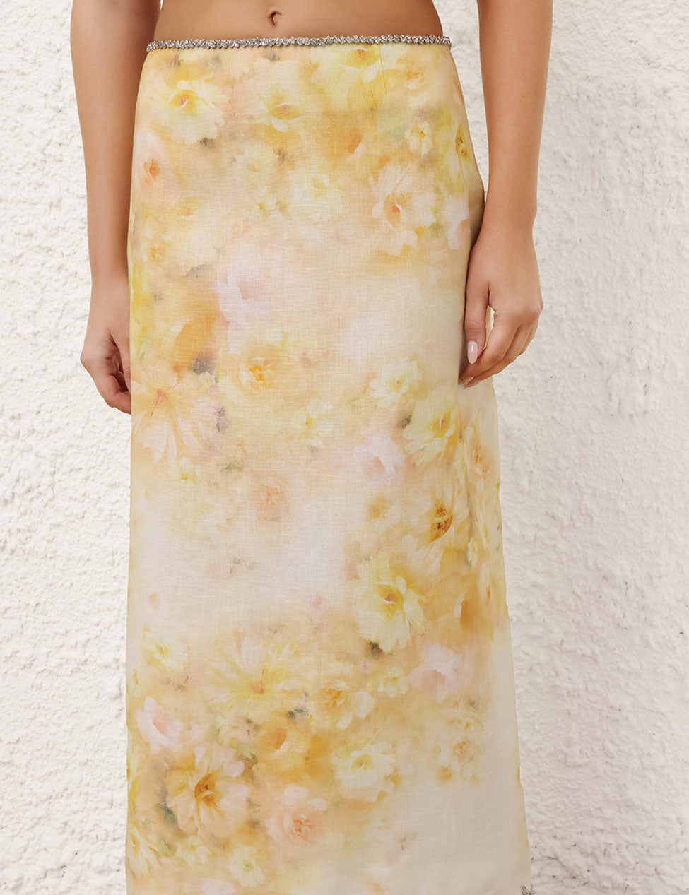 Crush Scalloped Midi Skirt in Yellow Floral