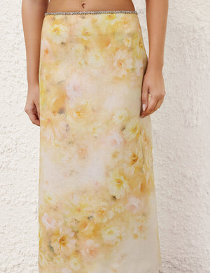 Crush Scalloped Midi Skirt in Yellow Floral