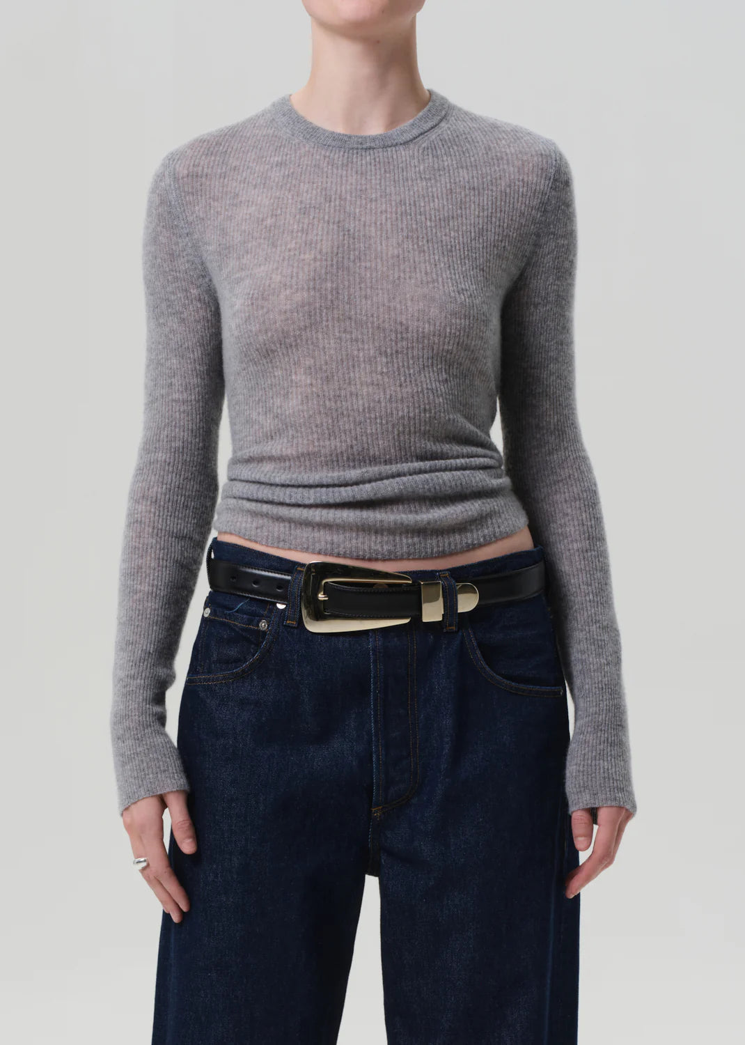 Close-up view of the fabric of the Alessia Crewneck in Dark Heather Grey, highlighting its soft texture.