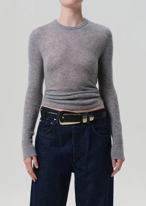 Close-up view of the fabric of the Alessia Crewneck in Dark Heather Grey, highlighting its soft texture.