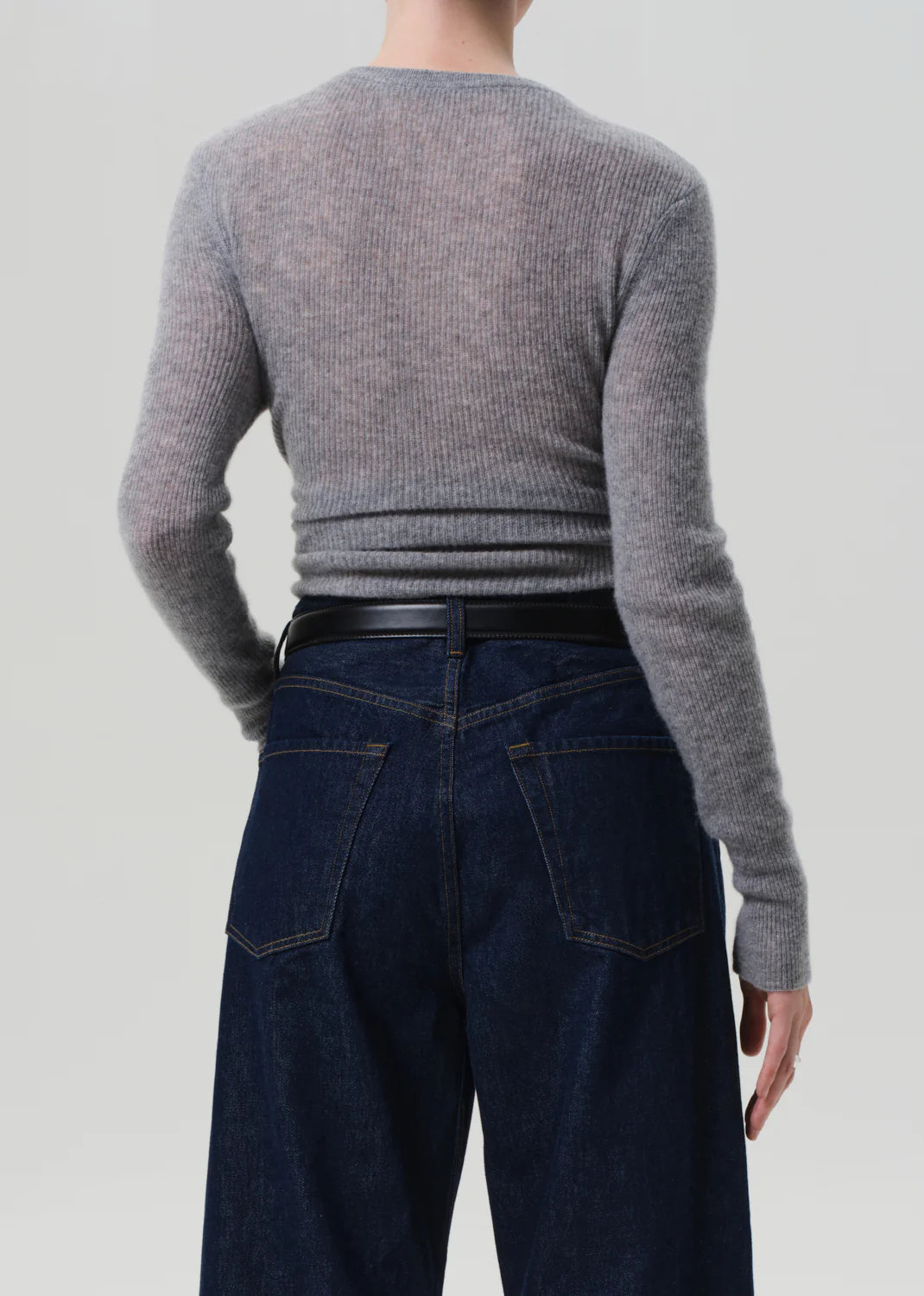 Back view of the Alessia Crewneck in Dark Heather Grey, demonstrating its classic fit.