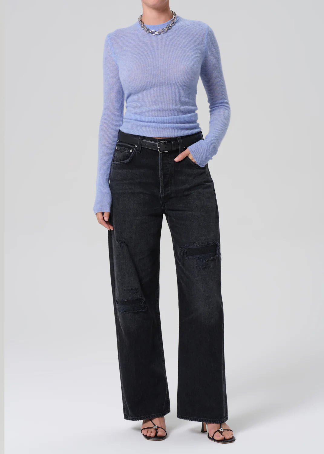 Close-up of the Alessia Crewneck Sweater in Heather Robin, featuring the knit texture and comfortable fit.