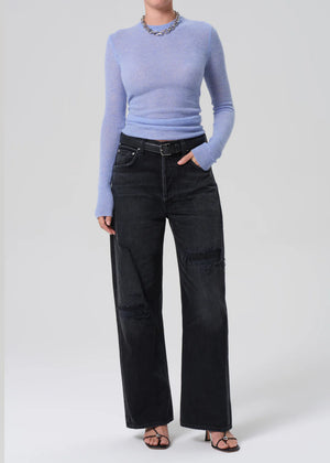 Close-up of the Alessia Crewneck Sweater in Heather Robin, featuring the knit texture and comfortable fit.