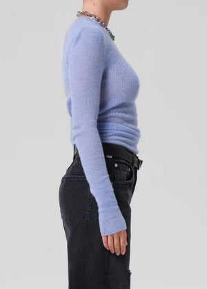 Alessia Crewneck Sweater in Heather Robin displayed on a mannequin, highlighting its versatile oatmeal hue.