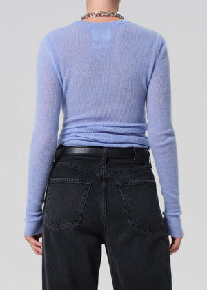 Back view of the Alessia Crewneck Sweater in Heather Robin, emphasizing its timeless design and fit.