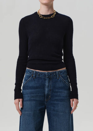 Back view of the Alessia Crewneck Sweater in Navy, illustrating its classic fit and timeless design.
