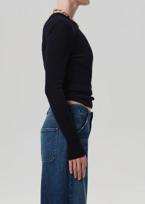 Front view of the Alessia Crewneck Sweater in Navy styled with denim, perfect for a casual yet refined look.