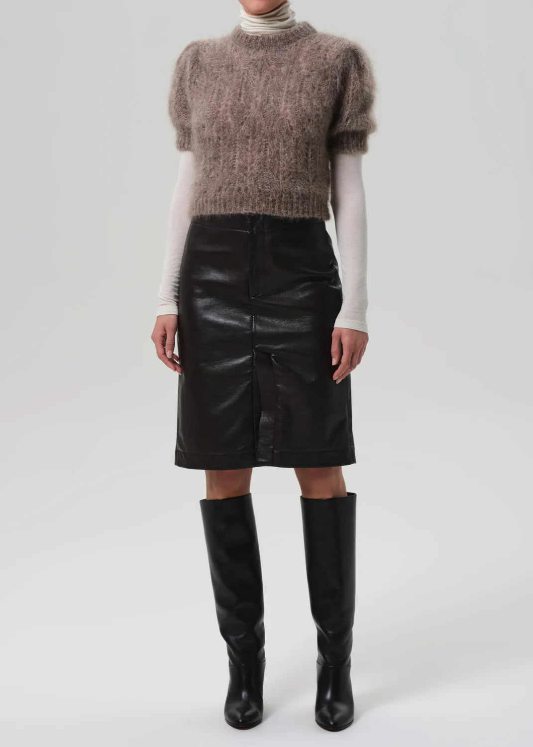 Close-up of Odette Puff Sleeve Sweater in Mushroom, highlighting the soft wool blend and airy alpaca texture.
