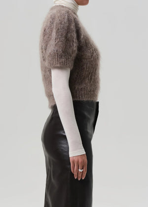 Back view of Odette Puff Sleeve Sweater in Mushroom, highlighting the subtle shoulder volume and shape.