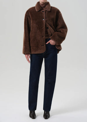 Close-up of the Astrid Sherpa Jacket in Warm Tan, highlighting the soft premium wool texture.