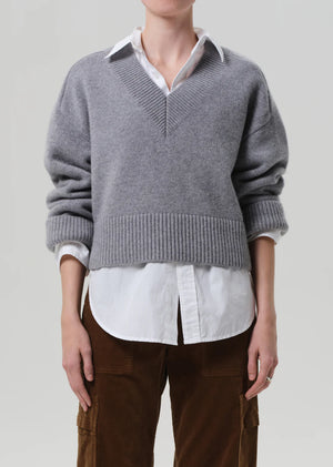 Gazette Puzzle V Neck in Heather Grey by Citizens of Humanity - Side view highlighting the long sleeves and flattering fit.