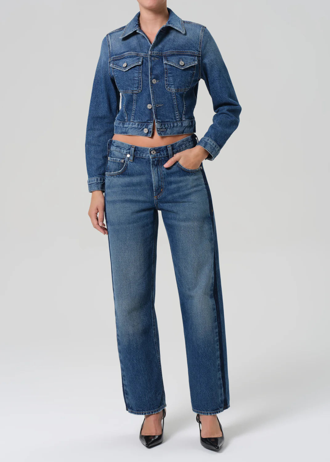 Close-up of Charisse Shrunken Jacket in Briar fabric, highlighting its soft comfort stretch denim and subtle fading.