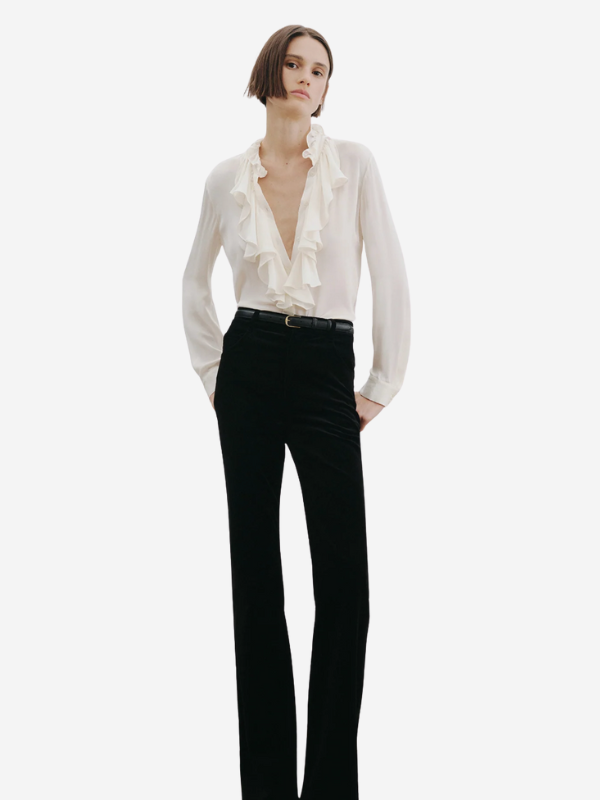 Close-up of the elegant ruffle collar on the Lily Blouse in Ivory by Nili Lotan.