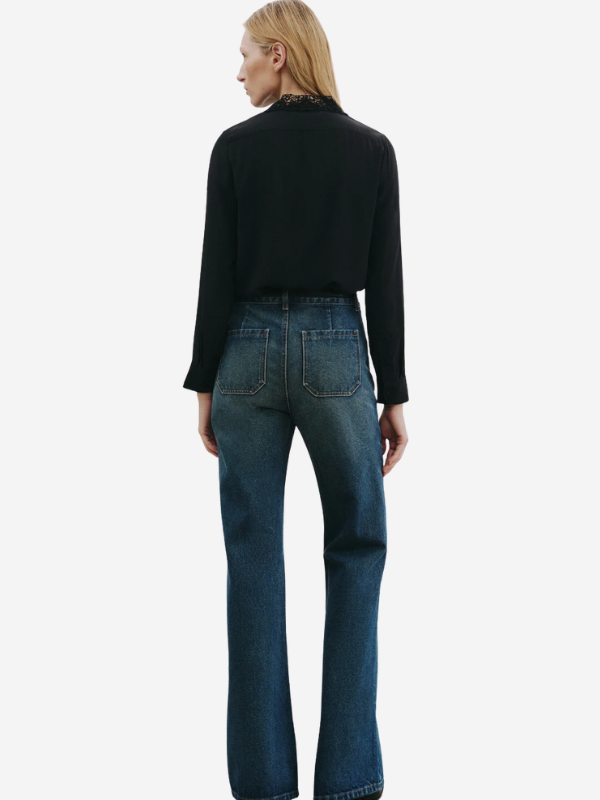 Close-up of the button fly and shank closure on the Florence Jean in Simon Wash.