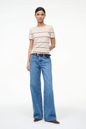 Close-up of the short sleeves of the Easy Cashmere Tee in Whisper Stripe by Staud, emphasizing its luxurious texture.