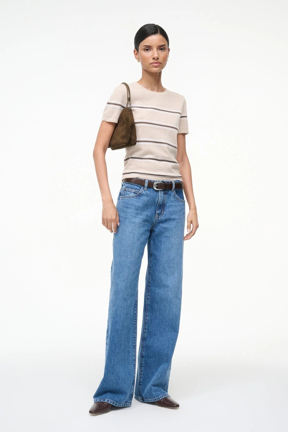 Back view of Staud's Easy Cashmere Tee in Whisper Stripe, highlighting the sleek and simple design.