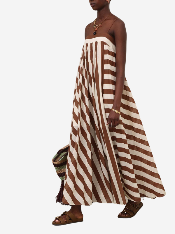 Close-up detail of the fabric in the Daylight Stripe Maxi Dress in Choc/Cream Stripe, made from 100% cotton.