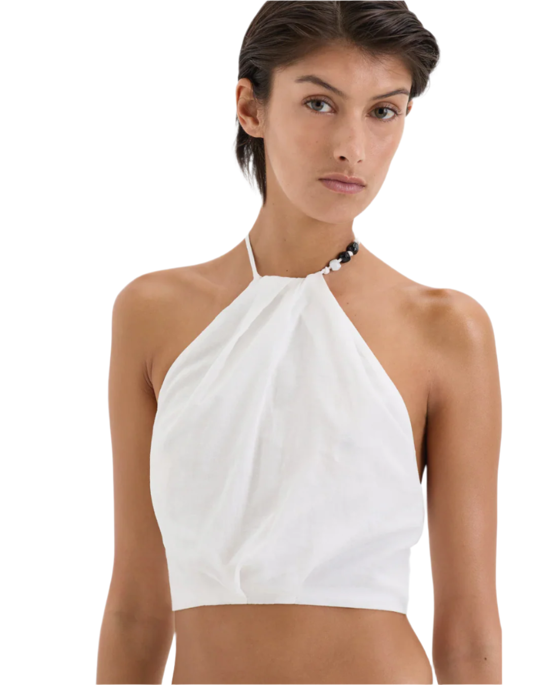 Flat lay of the Azura Tie Top in Ivory, a versatile ivory tie top for casual and dressy occasions.