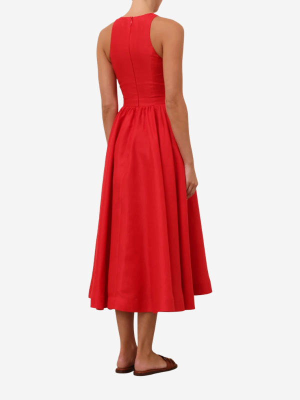 Back view of the Patience Midi Dress in Dark Red with criss-cross straps and pleated details.